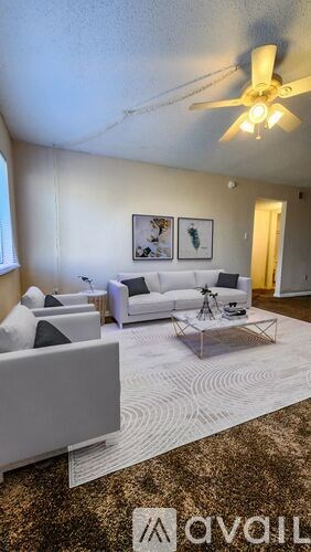 A living room with a white couch and a rug.