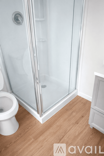 A white toilet sits next to a glass shower door in a bathroom.