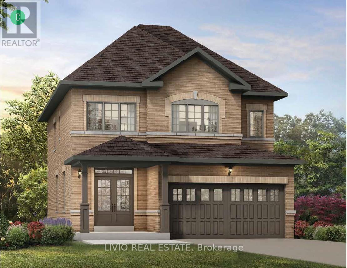 A two-story house with a brown roof and a garage door.