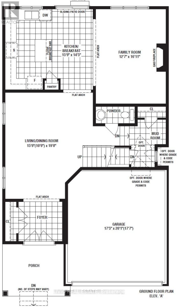 A black and white floor plan of a house with a garage and a porch.