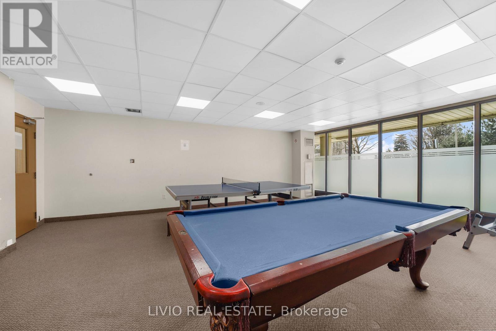 A pool table in a room with a carpet floor and a glass wall.
