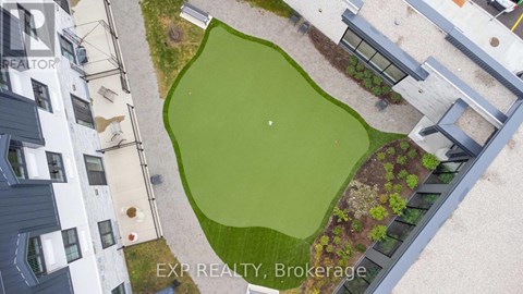A green space is surrounded by buildings in the image.