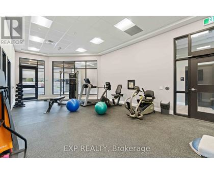 A gym with a variety of equipment including a treadmill, exercise ball, and weight bench.