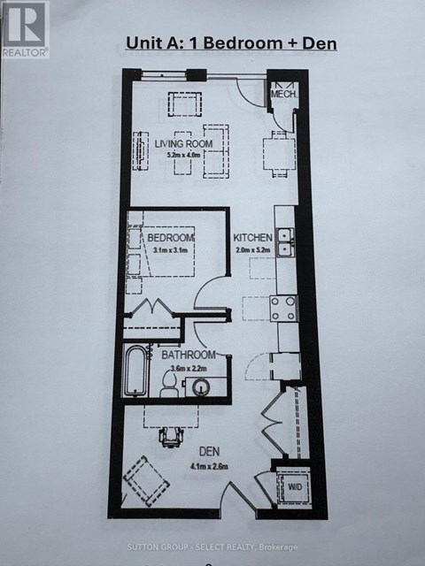 A floor plan for a 1 Bedroom + Den apartment.