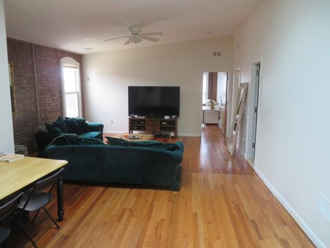 A living room with a green couch and a television.