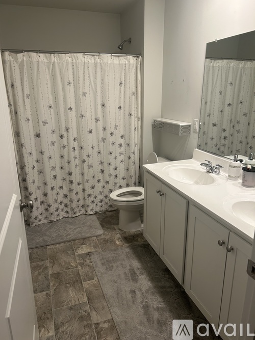 A bathroom with a toilet, sink, and shower curtain.