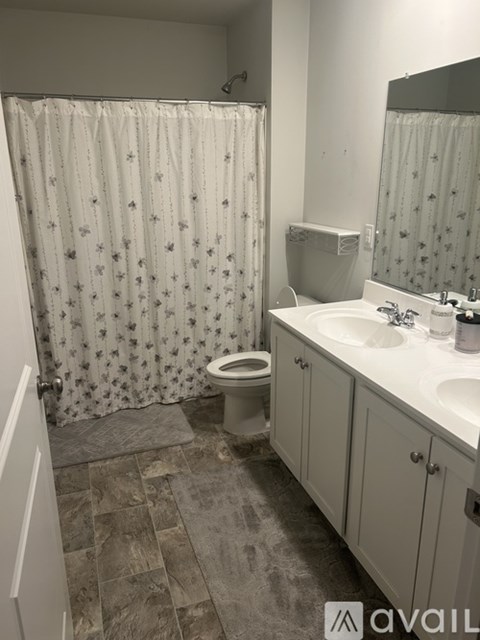 A bathroom with a toilet, sink, and shower curtain.