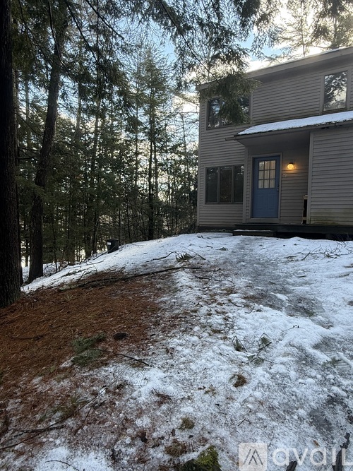 A house with a blue door is surrounded by trees and has snow on the ground.