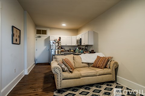 A living room with a couch and a kitchen in the background.