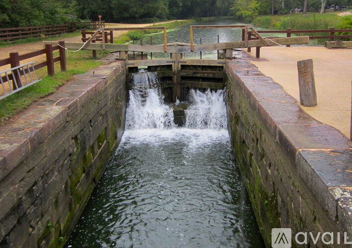 A small waterfall flows into a calm pool.