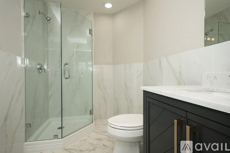 A bathroom with a walk-in shower and a toilet.