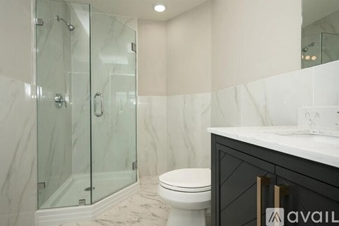 A bathroom with a walk-in shower and a toilet.
