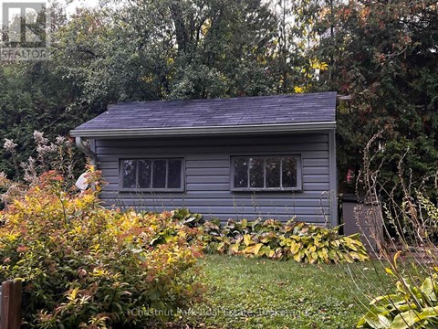 A small house with a grey roof surrounded by greenery and trees.