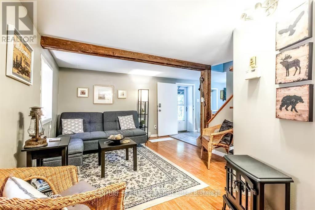 A living room with a grey couch and a rug.