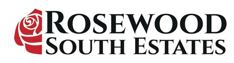 A logo with a rose and the words "Rosewood South Estates" written in black.
