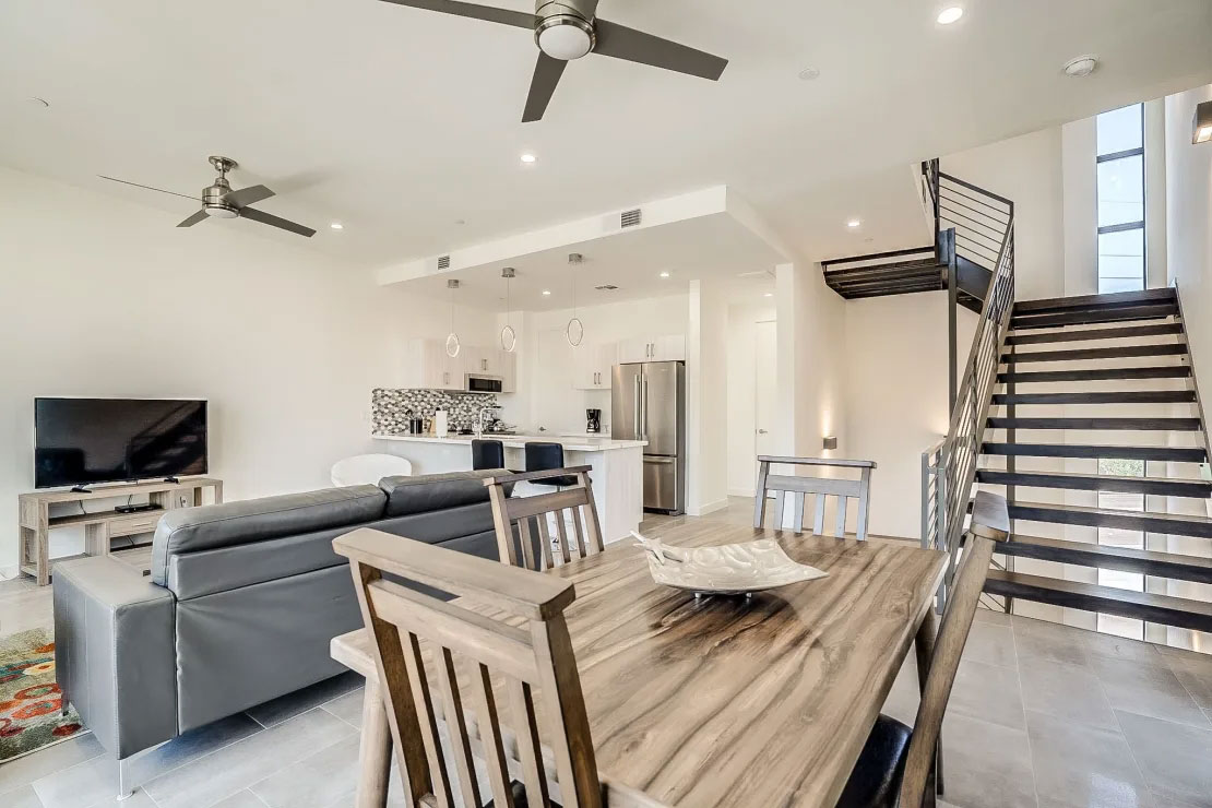 luxury townhome living room with kitchen