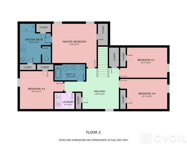 A floor plan of a house with four bedrooms, a bathroom, a laundry area, and a hallway.