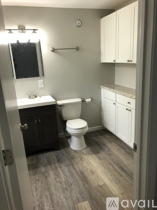 A bathroom with a toilet, sink, and cabinets.