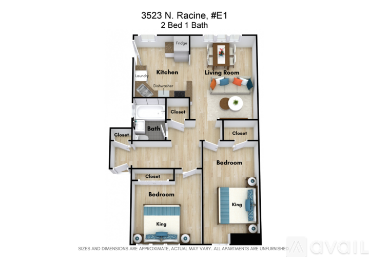 A floor plan of a 2 bedroom, 1 bathroom apartment at 3523 N. Racine.