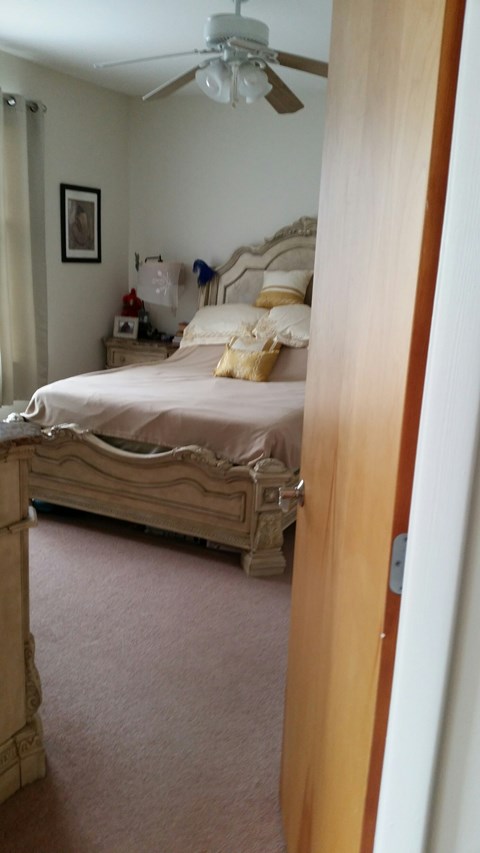 A bedroom with a bed, nightstand, and ceiling fan.