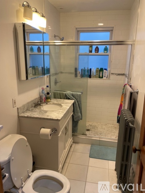 A bathroom with a toilet, sink, and a window.
