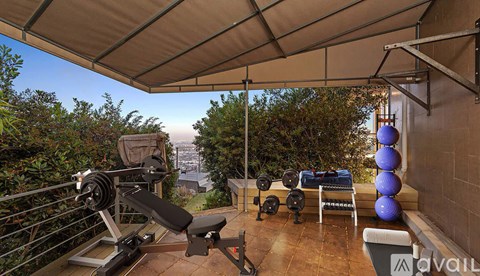 A home gym with a treadmill, weights, and exercise balls.