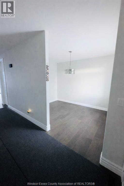 A room with a black carpet and wooden flooring.