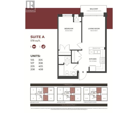 A floor plan for a suite apartment with a balcony, bedroom, living room, and kitchen.