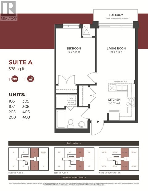 A floor plan for a suite apartment with a balcony, bedroom, living room, and kitchen.
