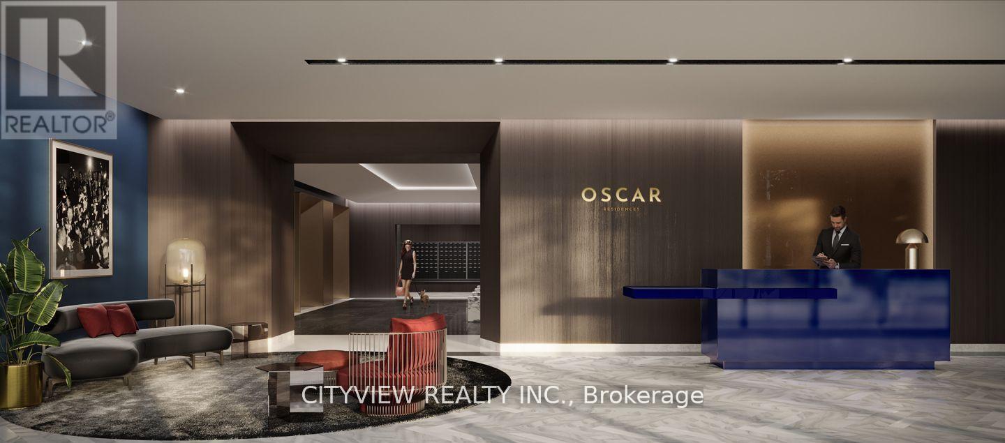 A realtor is standing behind a desk in a modern office.