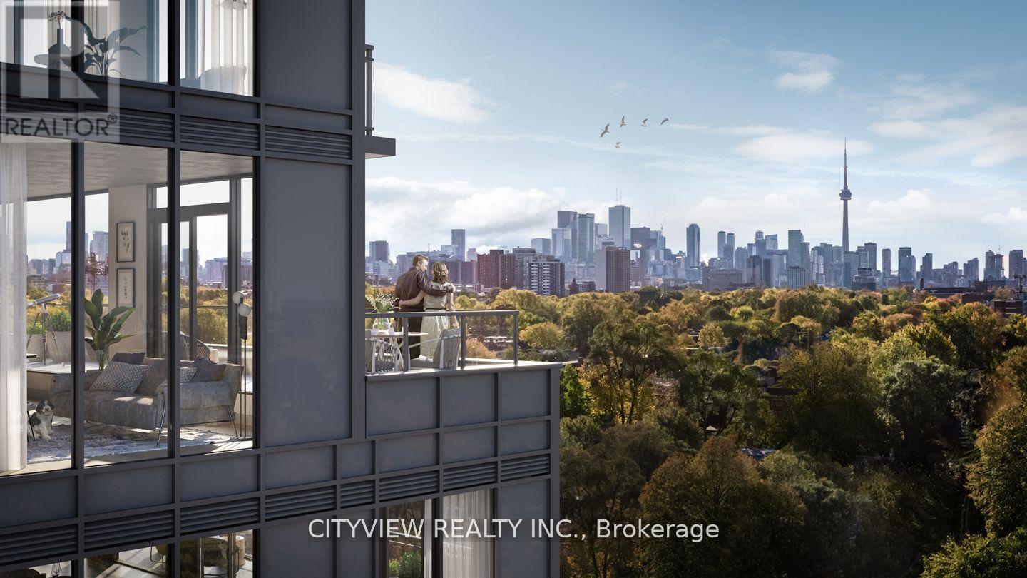 A real estate company's brokerage office overlooks a city skyline.