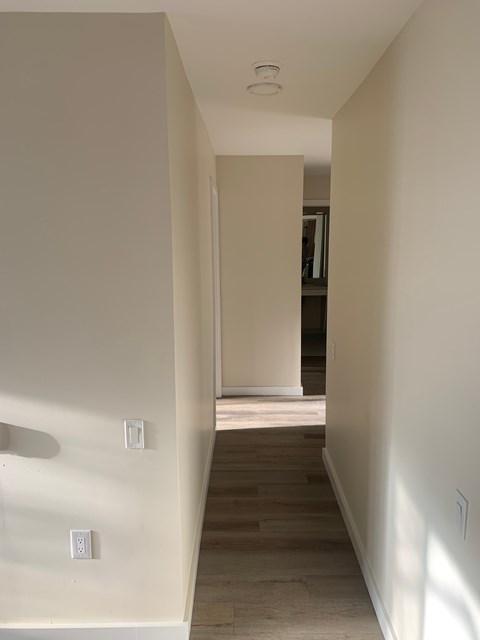 A long hallway with a light on the ceiling and a light switch on the wall.