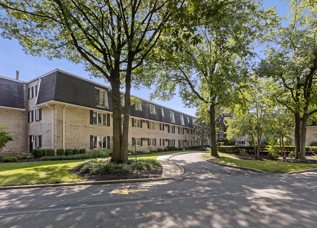 a street in front of a building with trees