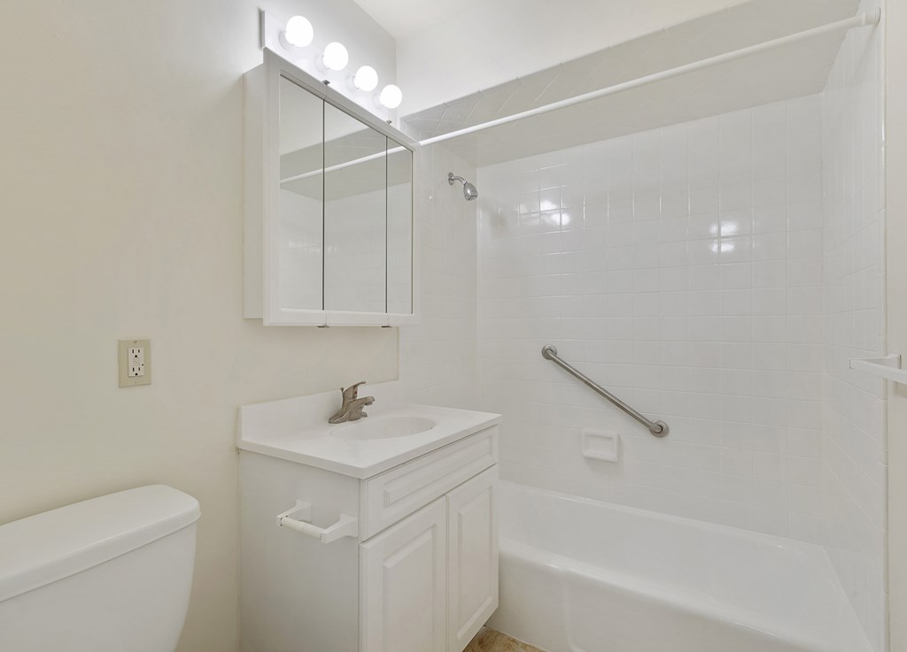 a bathroom with a sink toilet and tub and a mirror