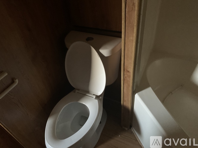A white toilet is installed in a wooden bathroom.