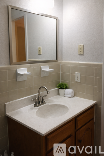 A bathroom with a sink, mirror, and two toilet paper holders.