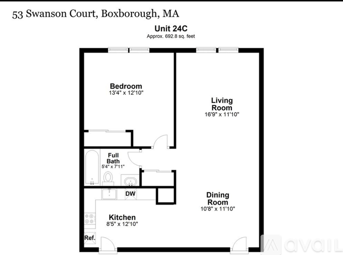 A floor plan for a 24C unit at 53 Swanson Court, Boxborough, MA, showing a bedroom, living room, dining room, kitchen, and full bath.
