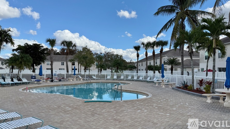 A pool surrounded by lounge chairs and umbrellas with a white fence and palm trees in the background.
