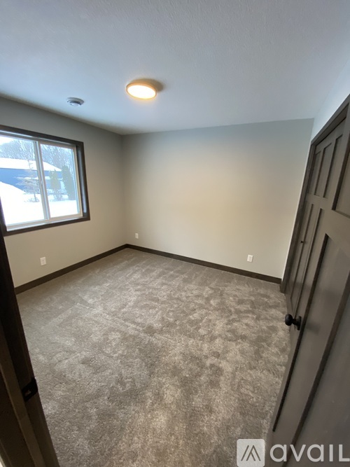 A room with a carpeted floor and a window.