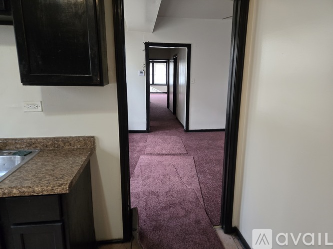A hallway with a purple carpet leads to a door.