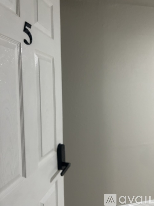 A white door with a black handle and a number 5 on it.