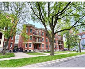 A tree in front of a red brick building.