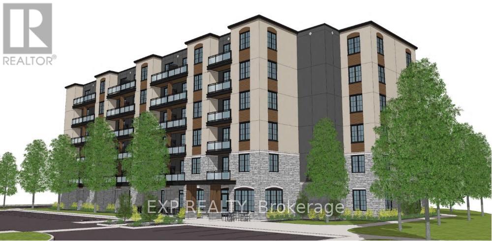 A rendering of a multi-story apartment building with balconies and trees in front.