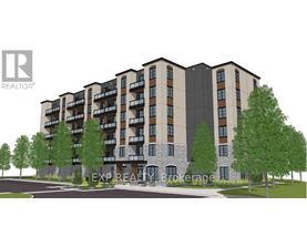 A rendering of a multi-story apartment building with balconies and trees in front.