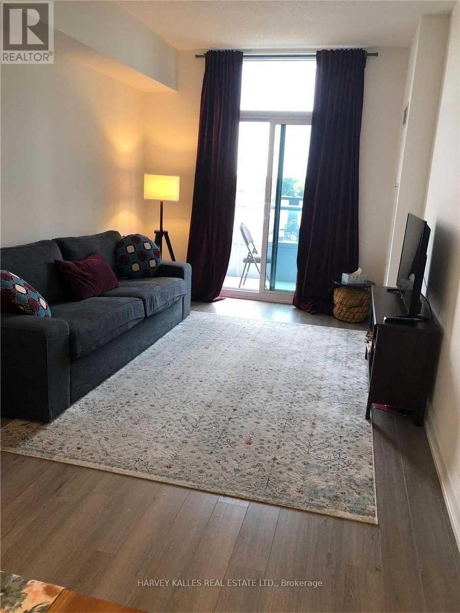 A living room with a grey couch, a rug, a television and a window with curtains.