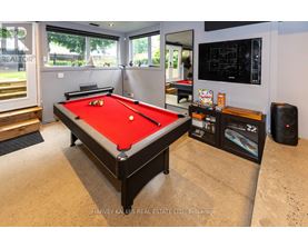 A pool table in a room with a TV and a speaker.