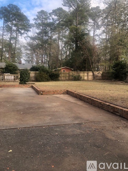 A backyard with a driveway and a fence.