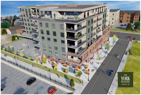 3D rendered aerial view of The York apartment building.