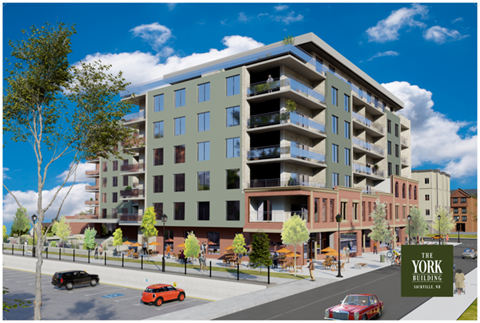 3D-rendered street-level view of a modern multi-story apartment building with balconies and ground-floor outdoor seating.
