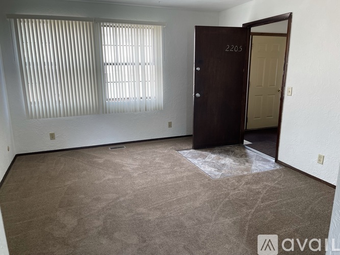 A room with a brown carpet and a brown door with the number 2205 on it.